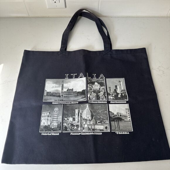Canvas Tote Bag Scenes Of Italy Navy Blue Carry-All - Picture 1 of 11